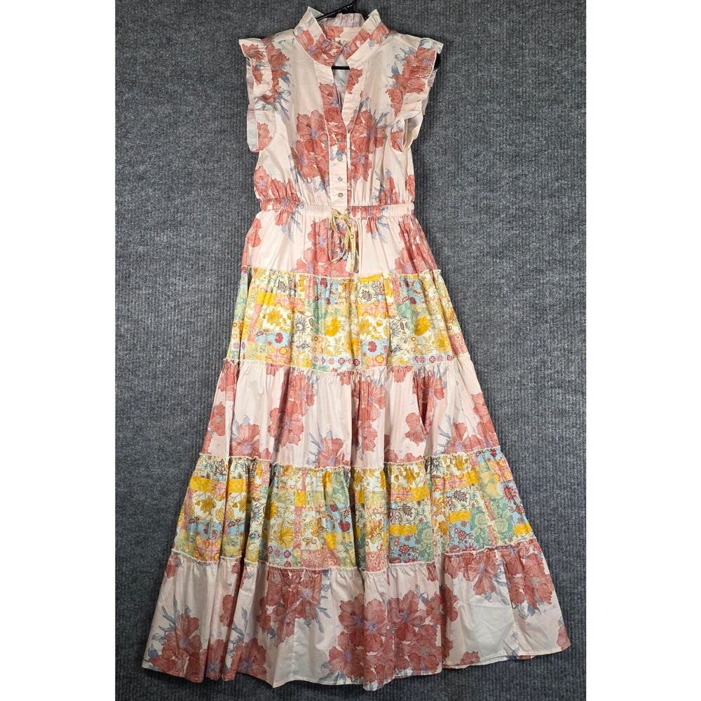 POL Floral Patchwork Maxi Dress Small Ruffle Sleeve Boho Cottagecore NWOT - Picture 3 of 8